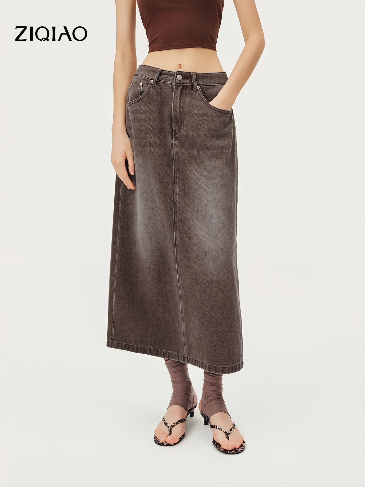 ZIQIAO 2026 Autumn New Women's Retro Casual Straight Slit Brown Washed Denim Midi Skirt Vintage Streetwear Trendy Half Skirt