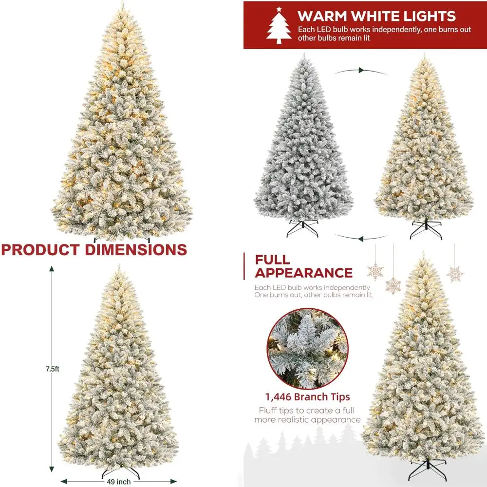 شجرة عيد الميلاد الاصطناعية الثلجية المضاءة مسبقًا بطول 7.5 قدم مع 450 مصباح LED، وأطراف فرع 1446، وحامل معدني #1