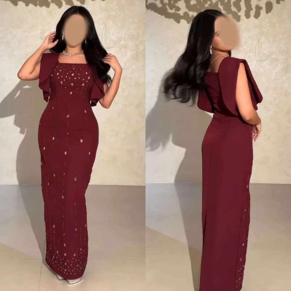 

Customized Matching Jersey Pleat Sequined Straight Square Neck Long Dresses Bespoke Occasion Party High Quality