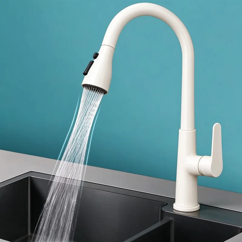 Milky White Pull Out Kitchen Faucet Hot Cold Water Mixer Tap 360 Degree Swivel Brass Body Single Handle 3 Modes Spray