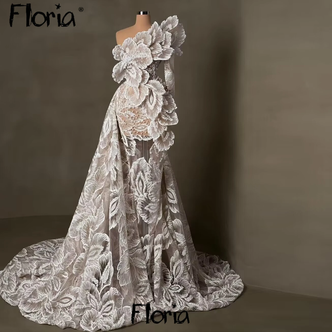 Floria  Dubai Luxury Evening Dress With Cape Sleeve Elegant Lace Flora Long Arabic Formal Gowns For 2024 Women Wedding Party