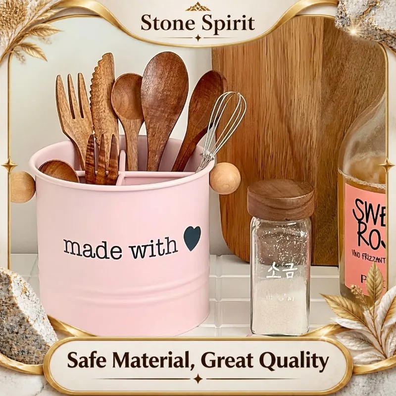 Ins Style Pink Metal Utensil Holder ,Cute Kitchen Organizer for Chopsticks Spatulas,Multifunction Countertop Canister, Girl Gift