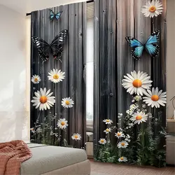 2Pcs Modern Floral And Butterfly Wooden Board Pattern Curtains Suitable For Bedroom Bathroom Living Room Dining Room Study Room