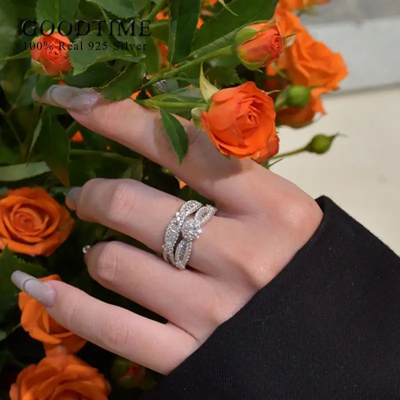 Conjunto de anillos de plata de ley 100% 925 para mujer, joyería de aniversario de copo de nieve, banda de compromiso para boda