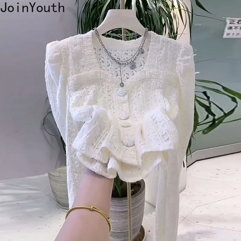 Solid Color Square Collar Tunic Blouses Women Clothing Lace Puff Sleeve Crop Tops 2024 Camisas De Mujer Hollow Out Shirt Blouse