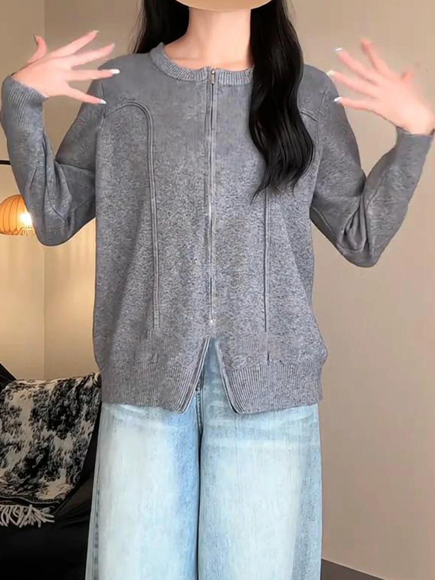 

Loose Fit Zipper Knitted round Ne Open Cardigan Women's Autumn Winter plus Size Slimming Casual Sle Long Sve Sweater J...