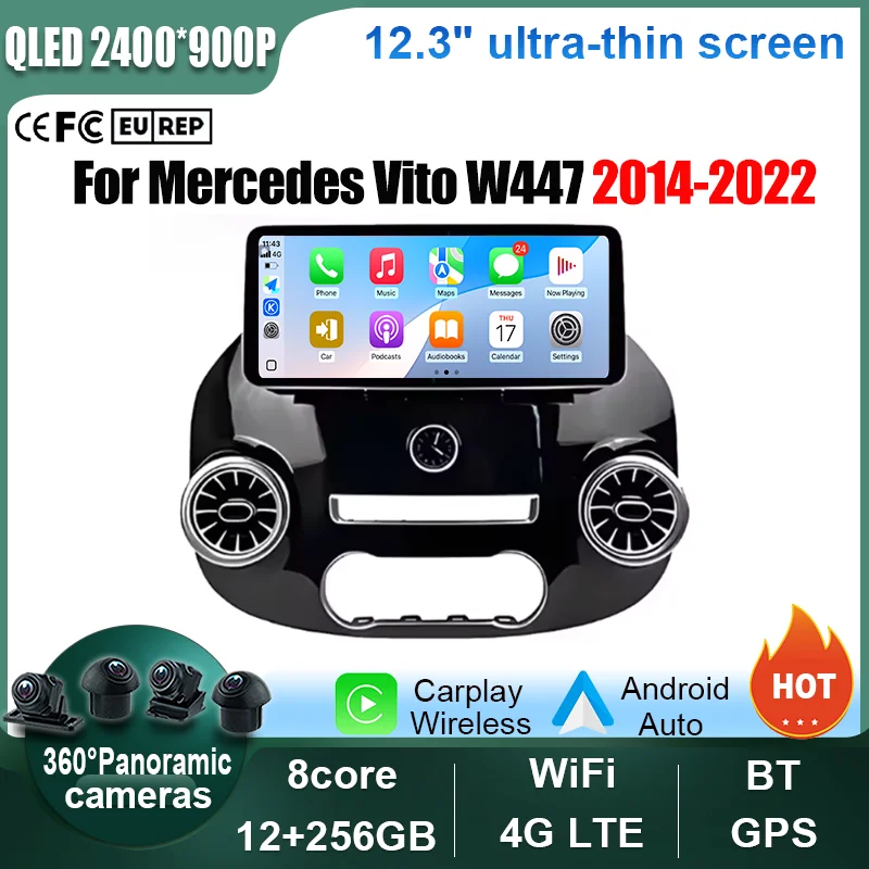 

12.3Inch QLED Screen 2400*900 For Mercedes Vito W447 2014-2022 Multimedia Video Player Navigation GPS Car Accessories Bluetooth