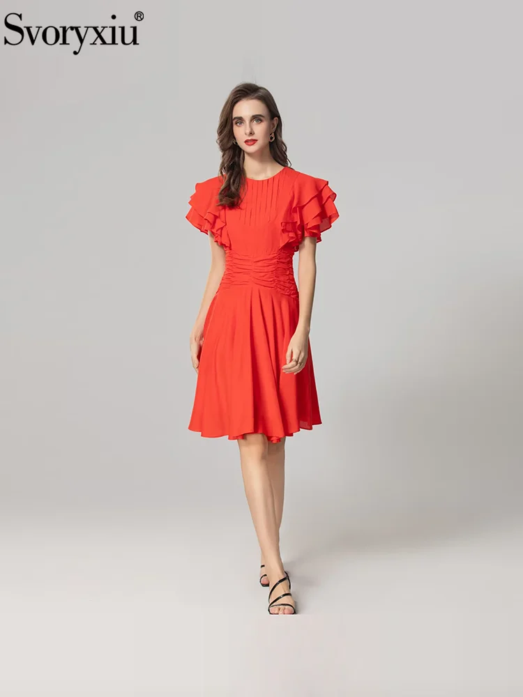 Svoryxiu Fashion Runway Summer Party Orange Knee Length Dress Women's O-Neck Pleated Flounces Sleeve High Waist A-Line Dress