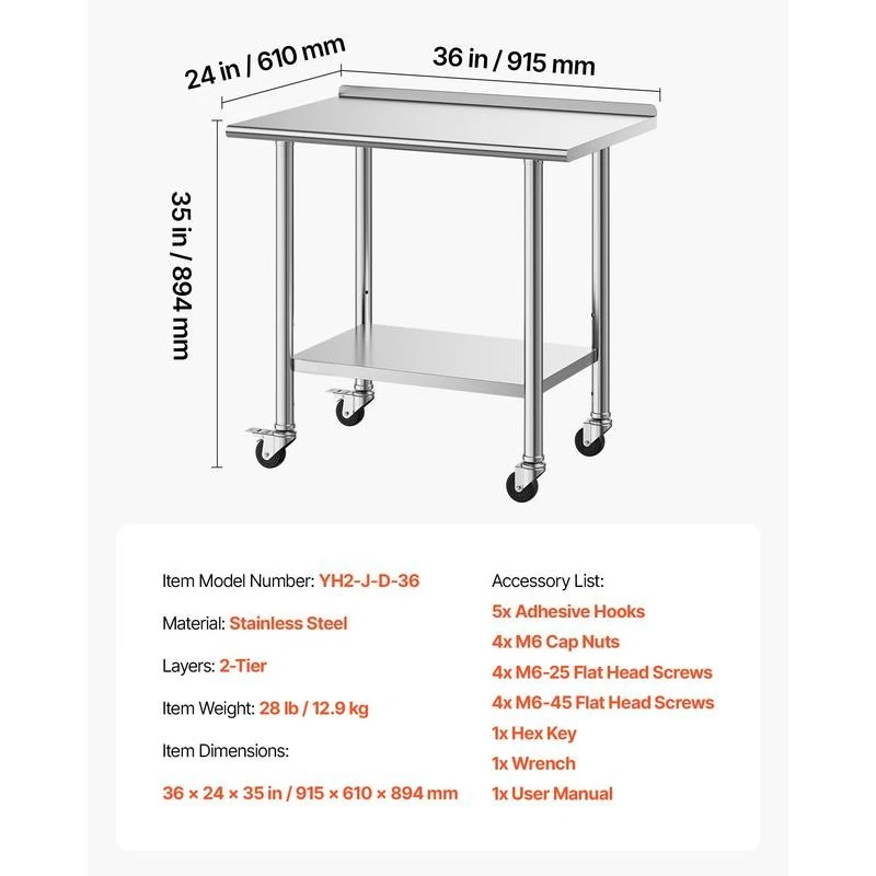 Stainless Steel Work Table, 24x36 inch Food Prep Table with Wheels and Backsplash, Commercial Kitchen Workstation with Adjustable Undershelf, Metal Utility Worktable, for Restaurant Home Outdoor - view 6