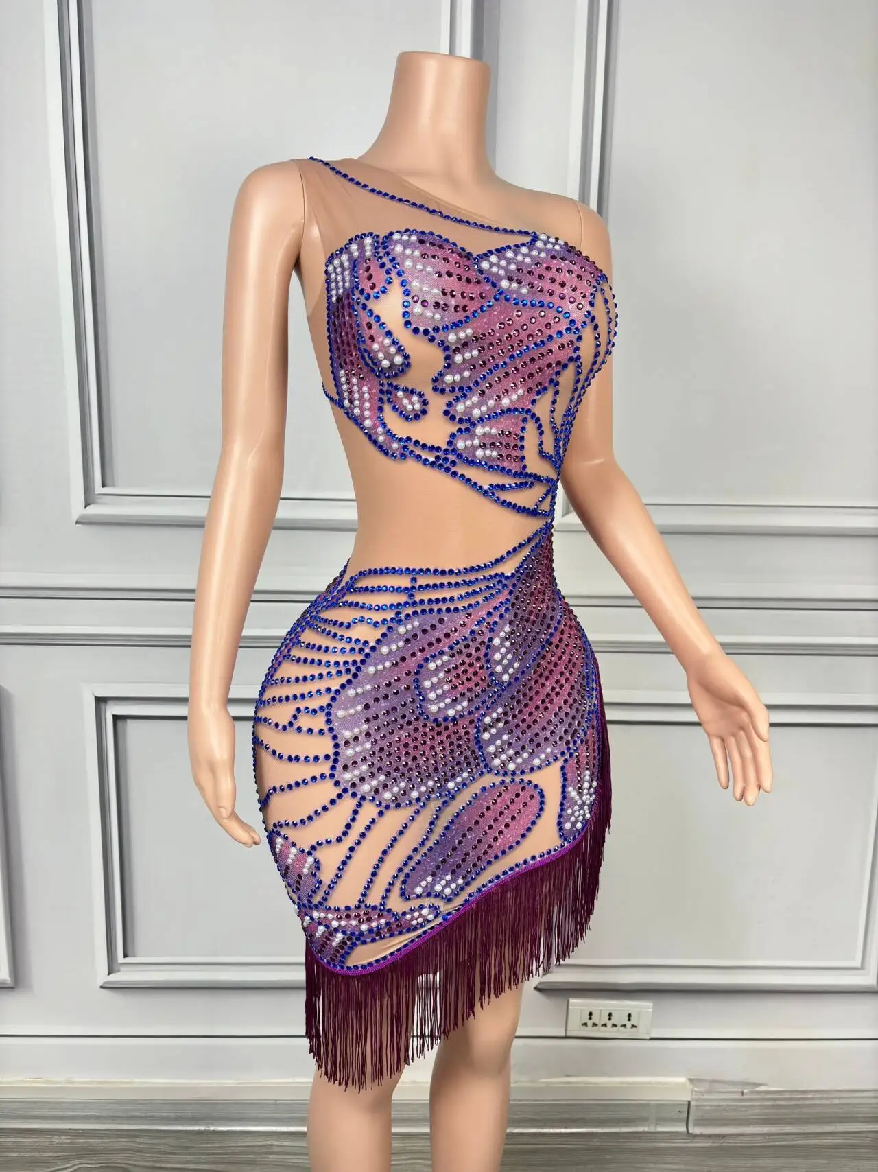 우아한 생일 보라색 이브닝 드레스 고고 축제 파티 축하 복장 라인 석 프린지 드레스 가수 무대 착용 yj210