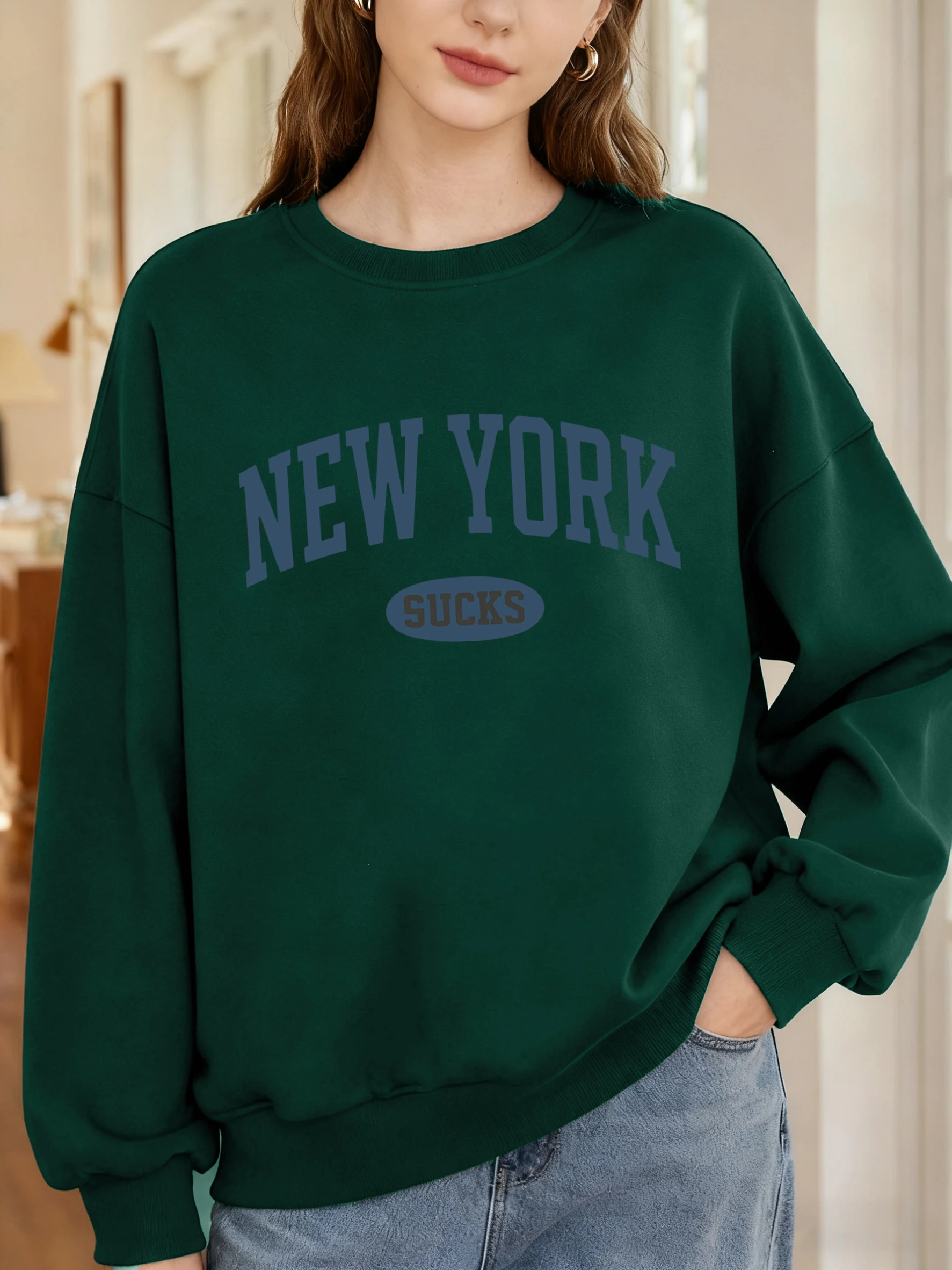 نيويورك رسالة الإبداعية طباعة البلوز امرأة انخفض الكتف Crewneck البلوز كل مباراة الملابس كبيرة الحجم الخريف الشارع الشهير #2
