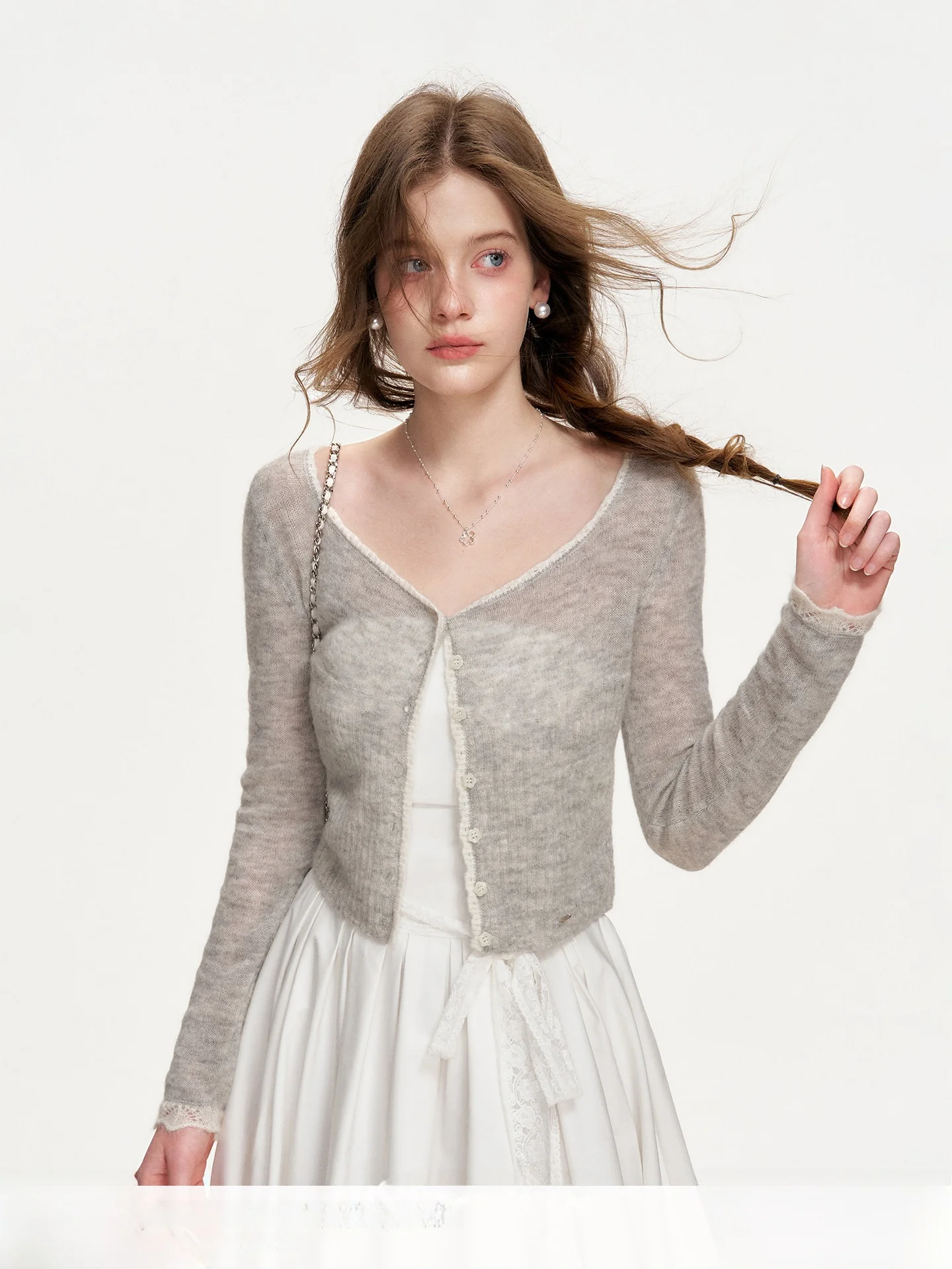 

Kroche Cloud Soft Walk 26ss ort Knitted Cardigan Long Sve Wave Lace Collar Color Blo Alpaca Wool Women's Faion