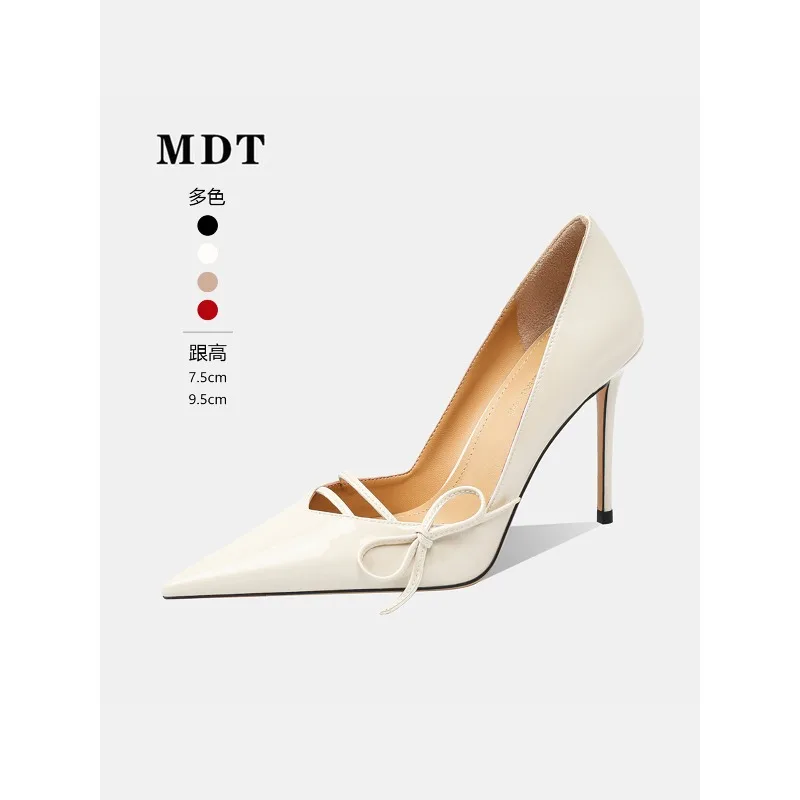 New Light Luxury Style Patent Leather Bow High-Heeled Shoes with a Female Design Sense, Niche Queen Pointed Thin Follow-Up Shoes