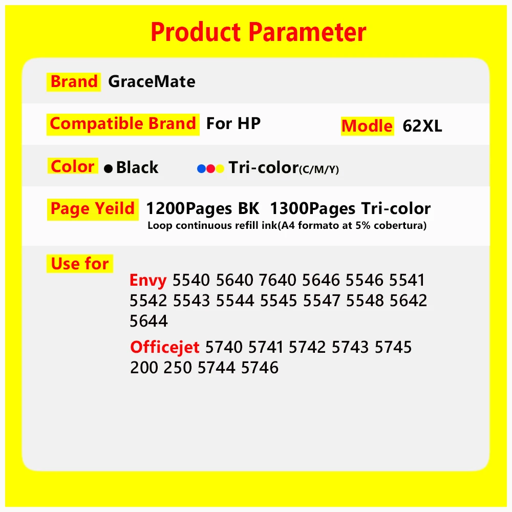 62XL Refillable Ciss Compatible for HP 62 XL hp62 Ink Cartridge for Envy 7640 7643 7644 7645 8000 8005 Officejet 200 250 258