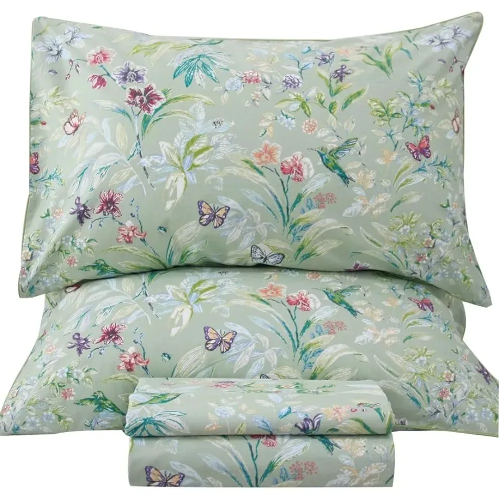 

Green Floral Queen Size Sheet Sets Cotton Printed Sheets Queen Size Bed Extra Soft and Breathable freight free