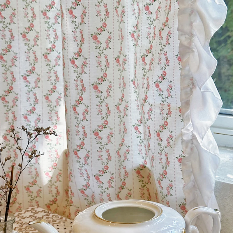 Printed Cotton Curtain Pastoral Floral Partition Half Curtain Blind Door Curtain French Style Fresh and Elegant Room Decoration