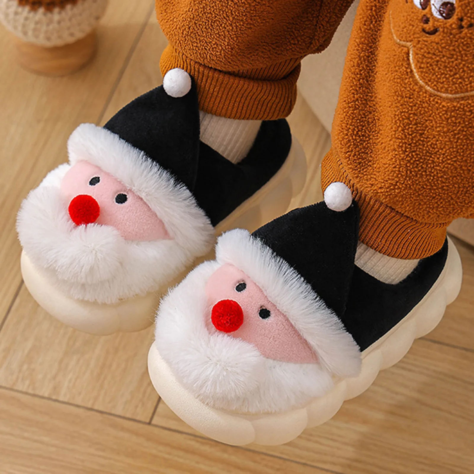 Kids Santa Claus Slippers House child boys girls shoes Anti-slippery Fluffy EVA Fur Slides Children's Christmas Cotton slippers