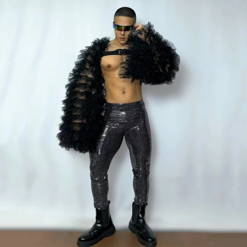 Sexy Pole Dance Outfit Men Fluffy Sleeves Sequins Pants Bar Gogo Dance Costumes Muscle Man Stage DS DJ Rave Clothes XS8091