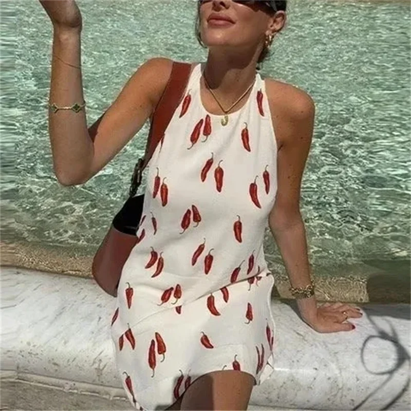 TRAF Off Shoulder Halter Mini Dress Woman Print Sleeveless Backless Dress Women Summer Sexy Short Dresses 2024 Holiday Dresses