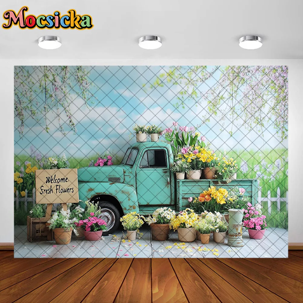 Mocsicka การถ่ายภาพพื้นหลังฤดูใบไม้ผลิดอกไม้รถบรรทุกรถตกแต่งฉากหลังเด็กผู้ใหญ่วันหยุดภาพสตูดิโอ Props