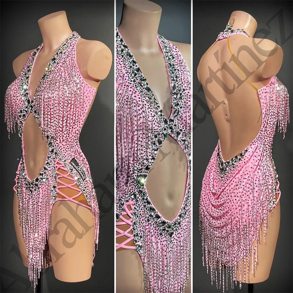

Latin Dance Dress, High-end Custom Pink Floral Dress, Diamond Chain Tango Women's Standard Stage Professional Clothing
