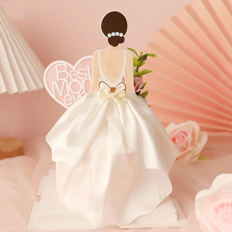 Pretty Background Dress Girl Bow Happy Woman Mother Queen Silhouette Pattern Girl Birthday Cake Decoration Cake Topper Gifts