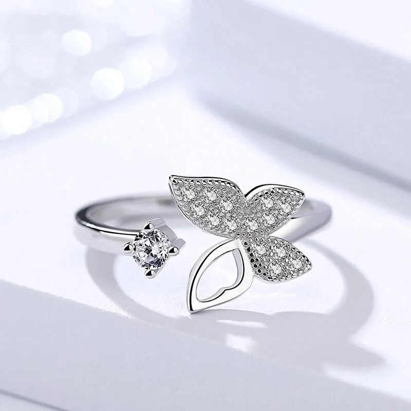 Popular 925 Sterling Silver Jewelry Temperament Simple Cute Butterfly Micro-inlay Crystal Opening Beautiful Ring  R226