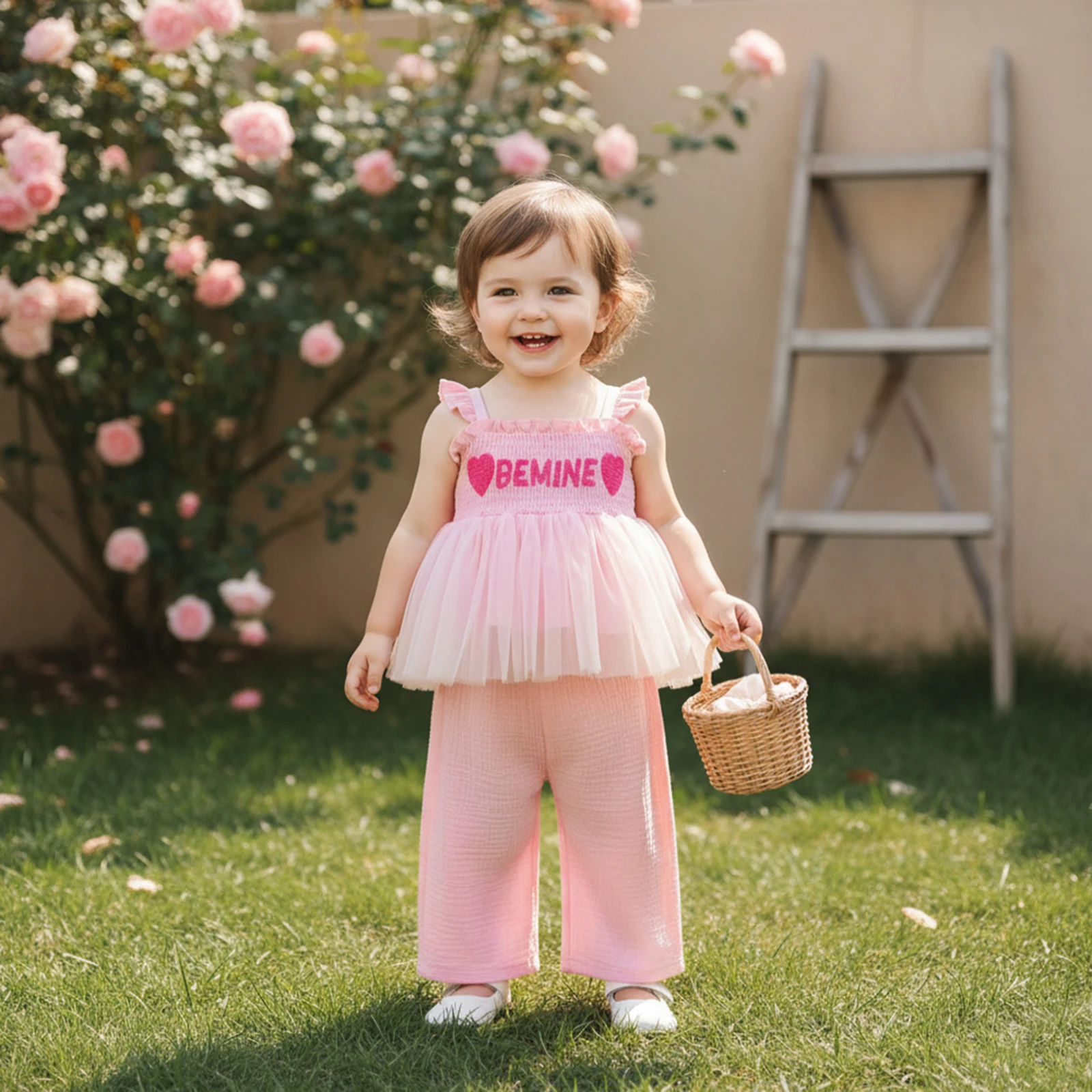 طفل رضيع ملابس طفلة الصيف رسالة مطرزة Smocked تمثال نصفي تول تانك القمم الصلبة واسعة الساق السراويل الملابس مجموعة