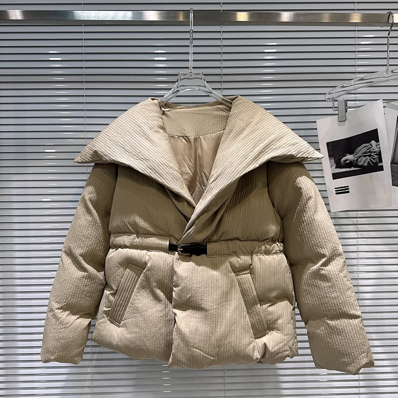 2025 inverno nuovo stile solido a righe grande bavero colletto fibbia vita calore giacca di cotone donna cappotto stile dritto allentato