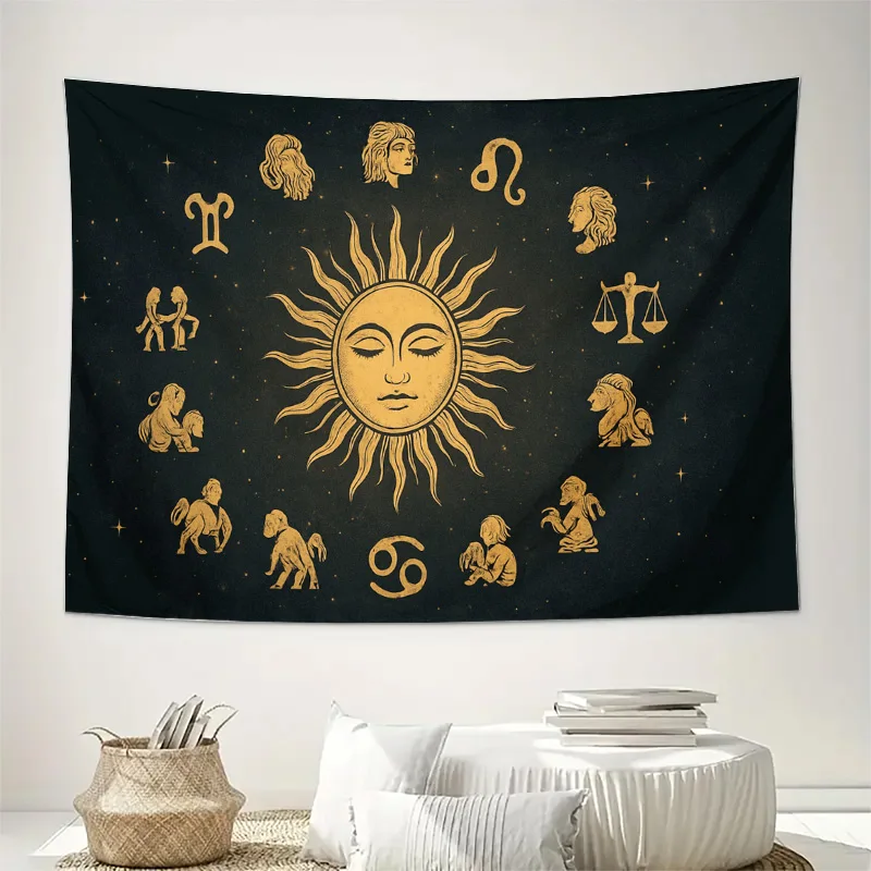 Astrology Zodiac Constellation Wall Tapestry Black Background Golden Sun Signs Boho Spiritual Room Decor