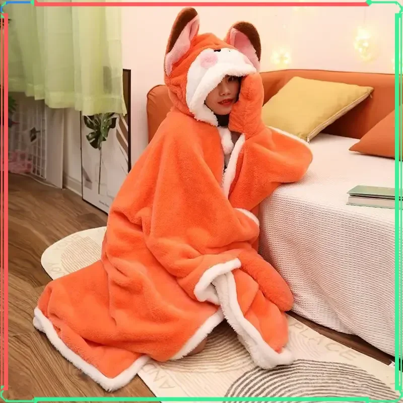 

120cm New Cartoon Fox Plush Cloak Coral Fleece Soft Air Blankets Warm And Loving For Girl Winter Valentine Christmas Gift