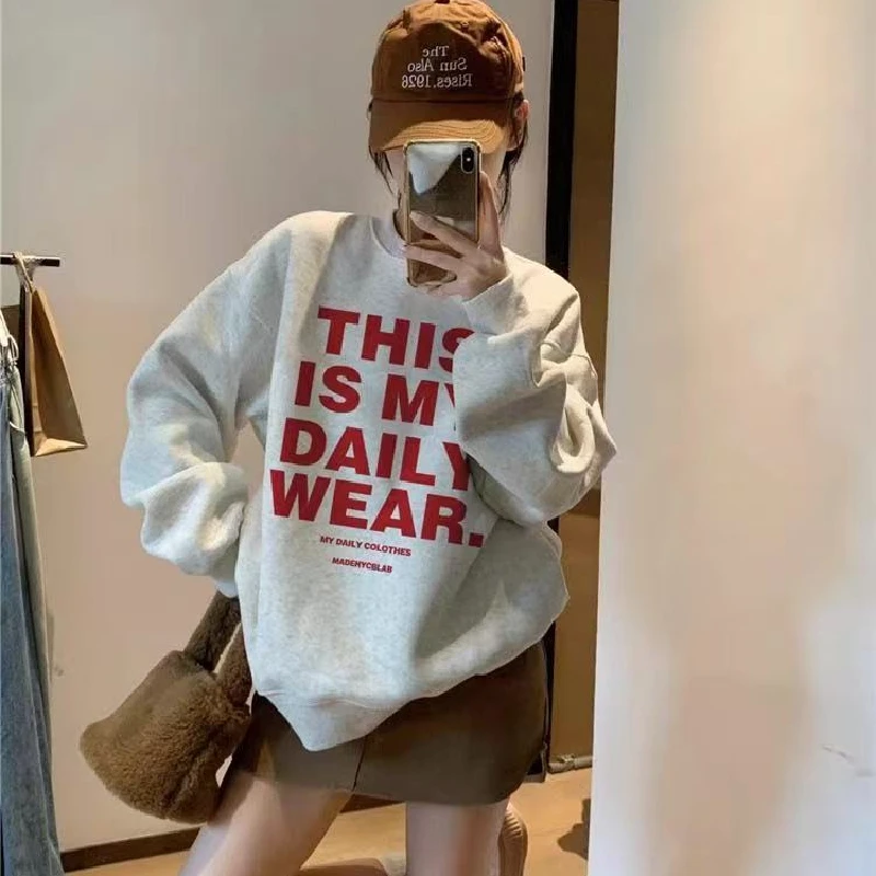 Winter Thickened Long Sleeve Sweatshirt Lazy Style Oversized Hoodie Women's round Neck Personalized Letter Print Casual Top