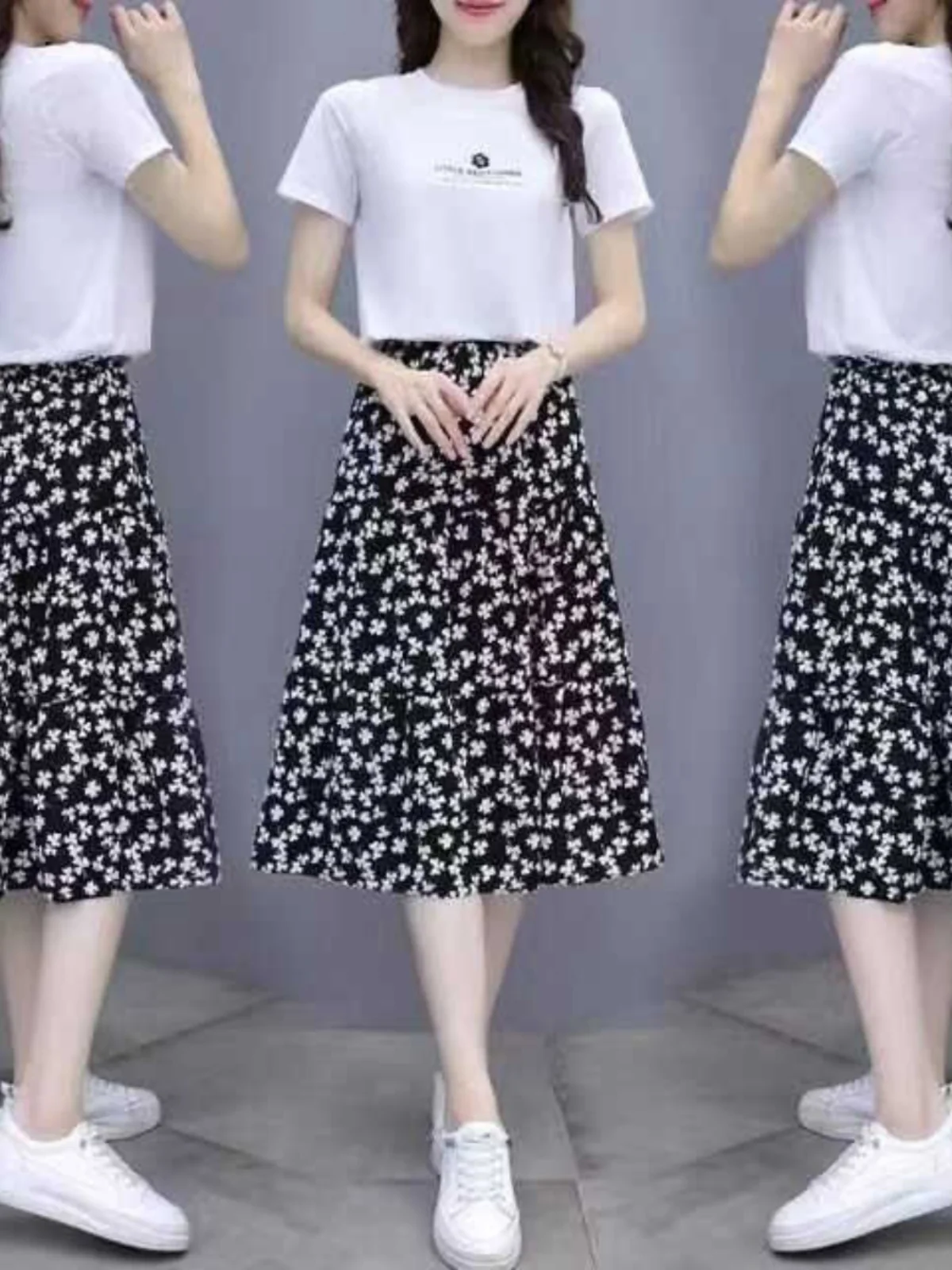 

2026 New Pure Cotton Double Thread Chiffon Dress Floral Set Women Summer Chiffon Skirt Two Piece Set Dress Short Sleeve round...