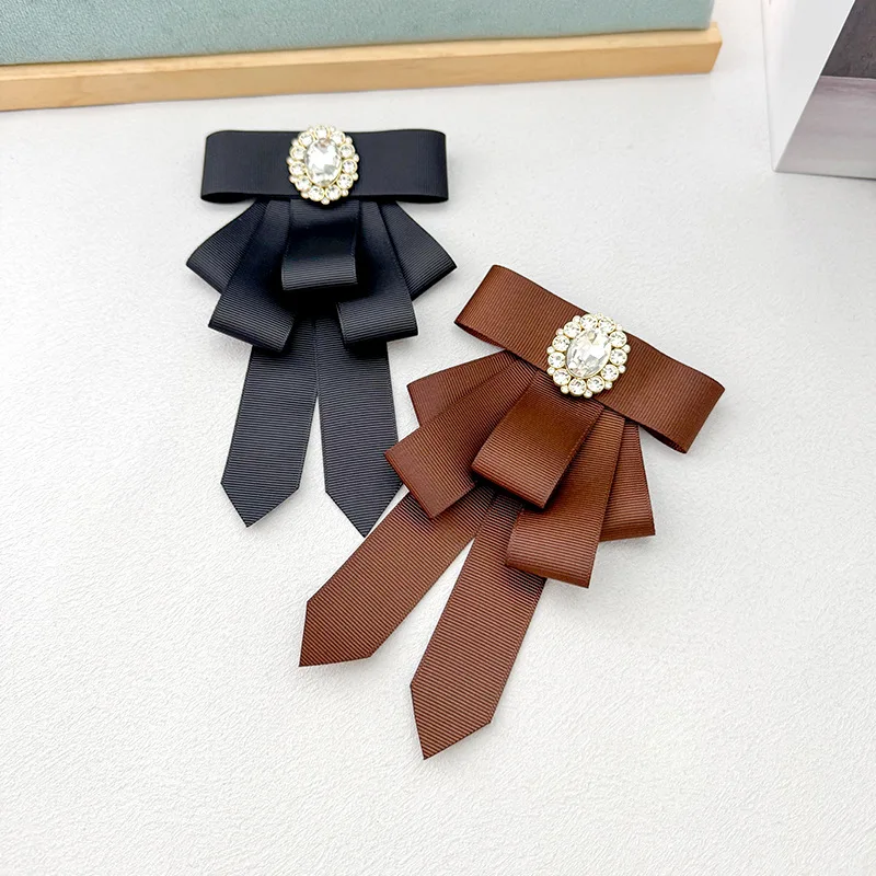 Ribbon Collar Pin Bowknot Brooch Crystal Badge Pre Tied Necktie Bow for Women Office Shirt Collar Accessory