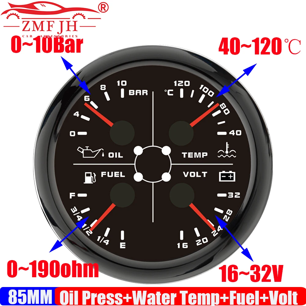 

ZMFJH Waterproof IP67 85MM Multi-Meter Car 4 IN1 Oil Pressure+Water Temperature+Fuel Level Gauge+Voltage 18-32V 7 Color Light