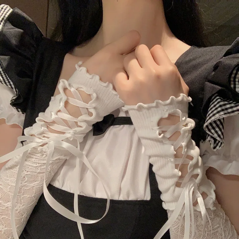 ロリータ女性のレースネクタイカフス JK ガールズバレエスタイルアームスリーブ高級プロム装飾手袋ホワイトレースアップ春袖