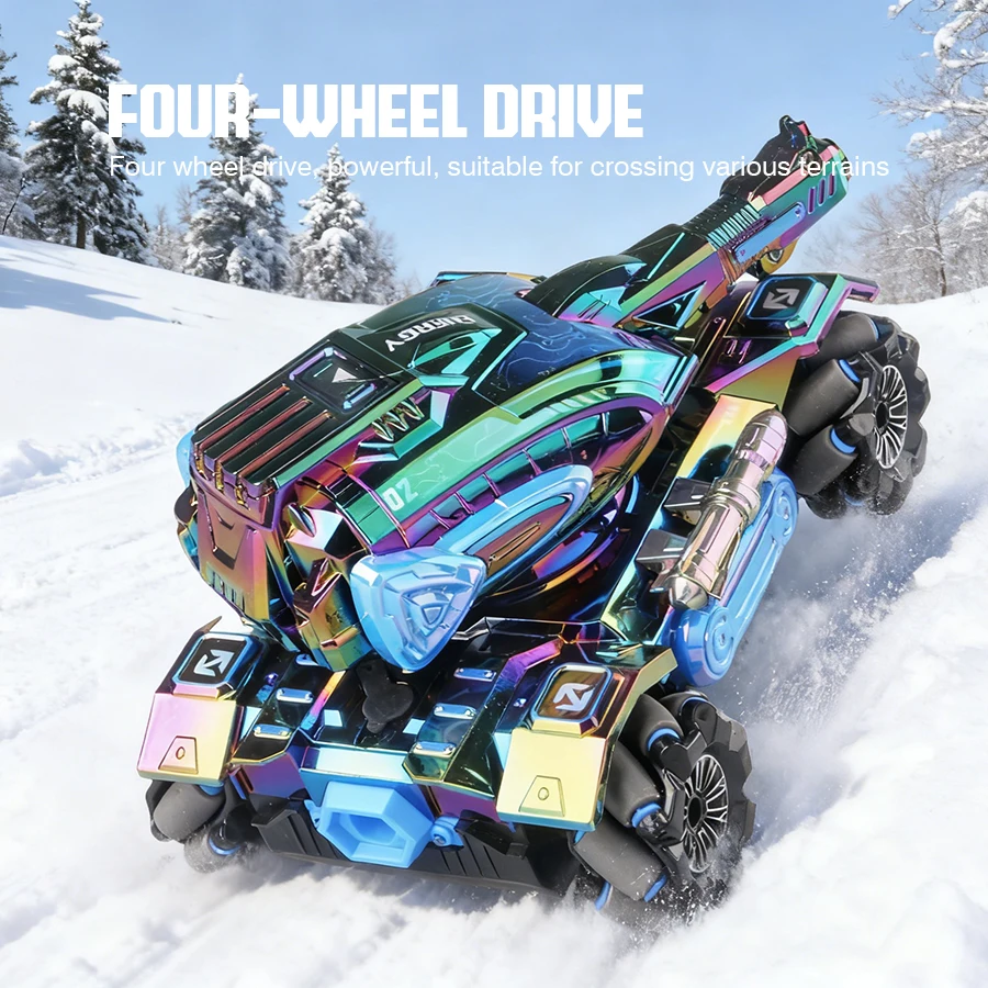 2,4 G 4WD RC Sci-Fi-Stunt-Tank – farbenfrohes LED-All-Terrain-Elektrospielzeug für Jungen mit Spray, Ton und simuliertem Start |   Geschenk