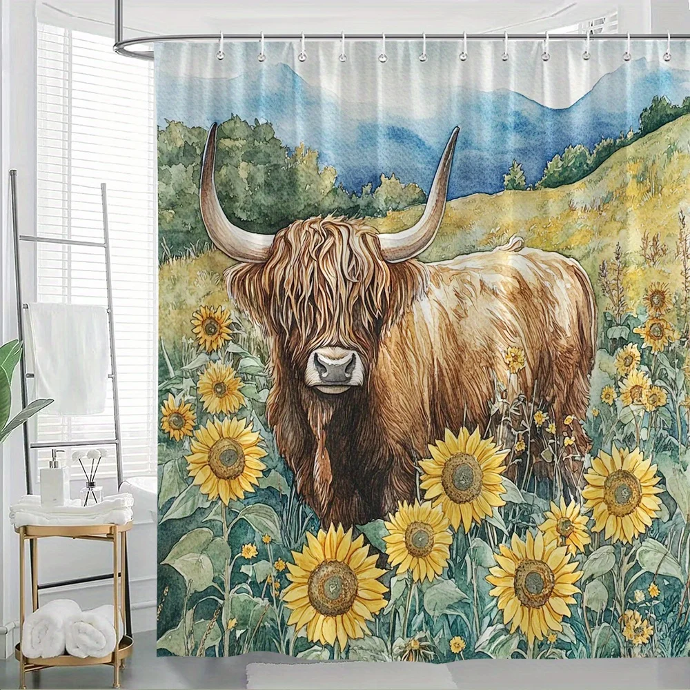 

1 шт. занавеска для душа Highland Cow — акварельная пасторальная сцена с лохматым коричневым мехом, изогнутыми рогами и яркими подсолнухами, реалистичная