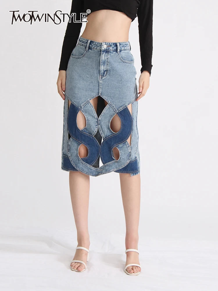 

TWOTWINSTYLE Denim Skirts For Women High Waist Zipper Spliced Button Hollow Out Casual Temperament Skirt Female Fashion Clothing