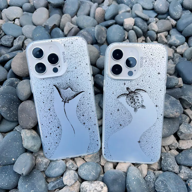 Ocean Animal Cute Dolphin Sea Turtle Painting Phone Case For Iphone 17 16 14 15 12 13 Pro Max Plus 13 Mini 11 White Laser Cover