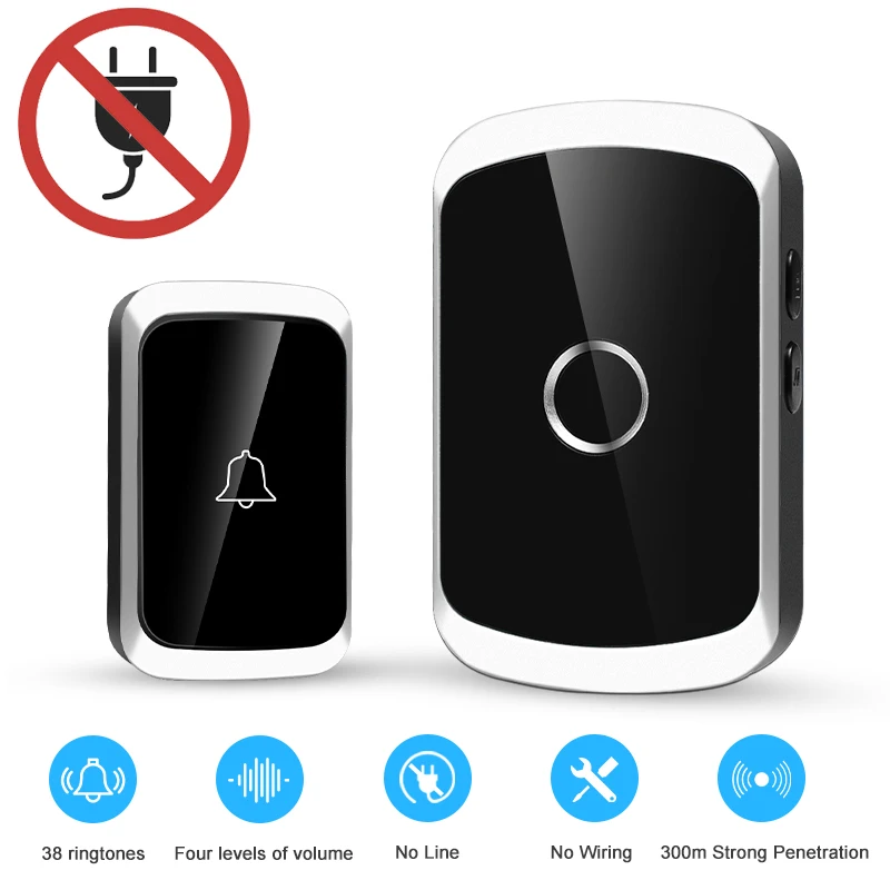 Smart Wireless Doorbell Door Chime Kit No Socket Required 300M/984 FT Remote 38 Songs Melodies Sound Home Door Bell Battery Type