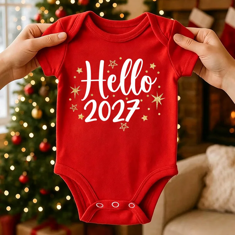 Hello 2027 New Year Baby Boys Girls Clothing Cute Infant Bodysuit Soft Casual Red Short Sleeve Romper 0-24M