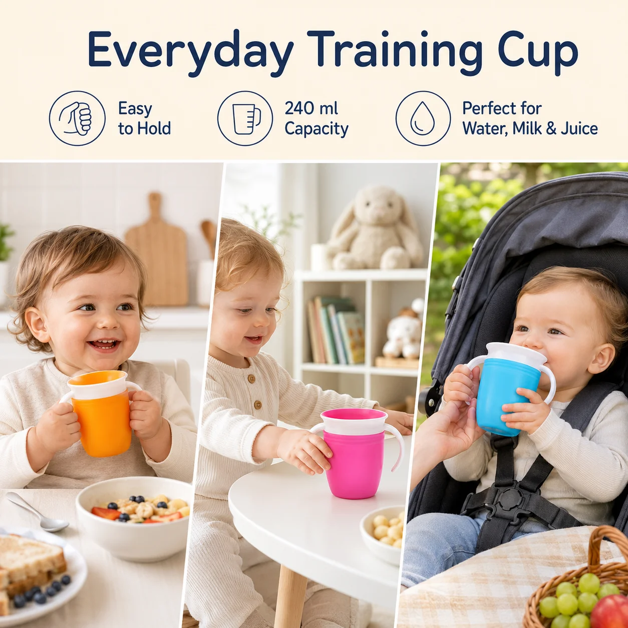 360 Degree Sippy Cup for Babies, Transition Cup with Leak Proof Valve, Open Cup Drinking Trainer