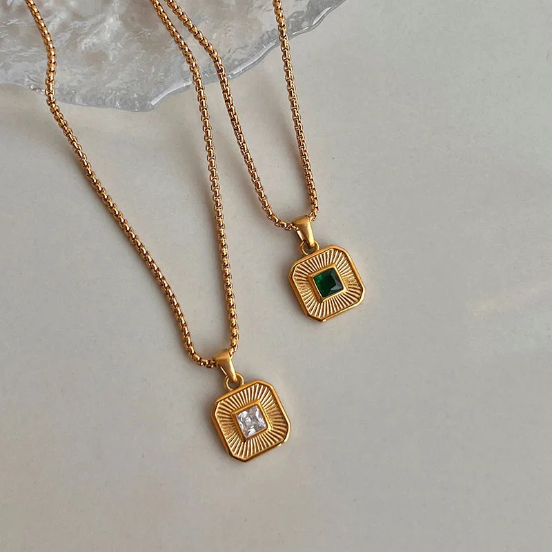 Colored green square pendant necklaces stainless steel necklace for women simple dainty geometric jewelry vintage elegant jewel