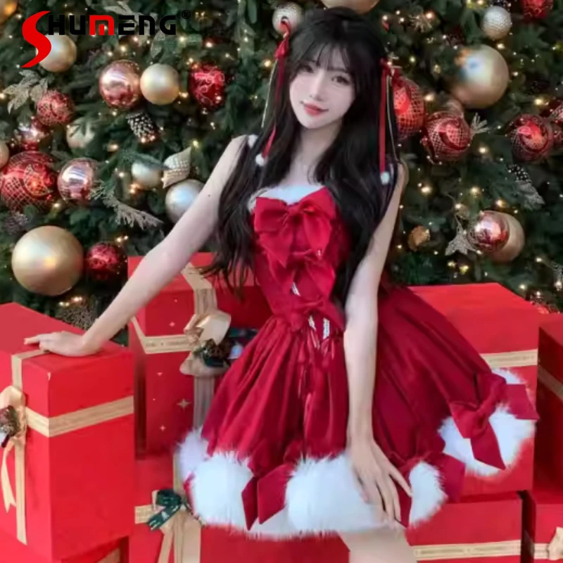 

Christmas Red Battle Robe Fur Collar Hooded Cape Bow Puffy Dress Lolita Princess Dresses High-waisted Vestidos Cloak 2pcs Set