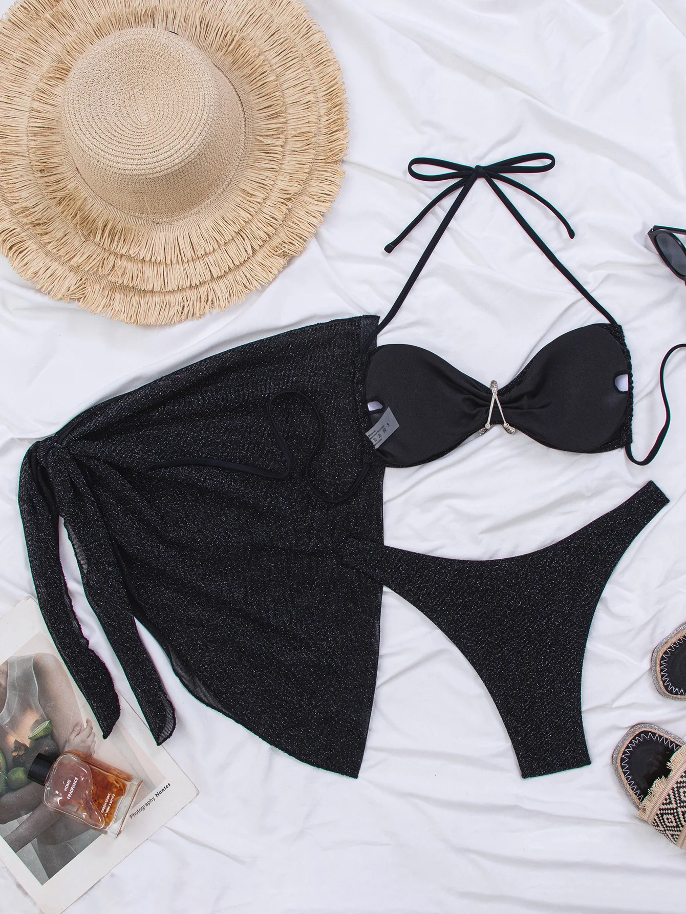 sexy black glitter starfish halter tie micro bikinis sets 3pcs with cover skirt thong swimsuits bathing suit biquini tankini