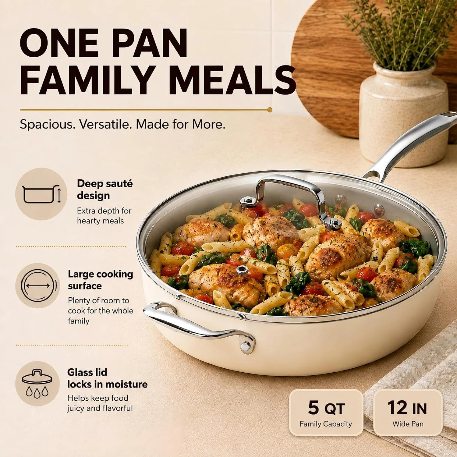 12 Inch Ceramic Nonstick Frying Pan with Lid, 5 QT Deep Saute Pan for Cooking, Induction Ready Skillet with Stay Cool Handle, PFAS/PTFE/PFOA Free, Oven & Dishwasher Safe