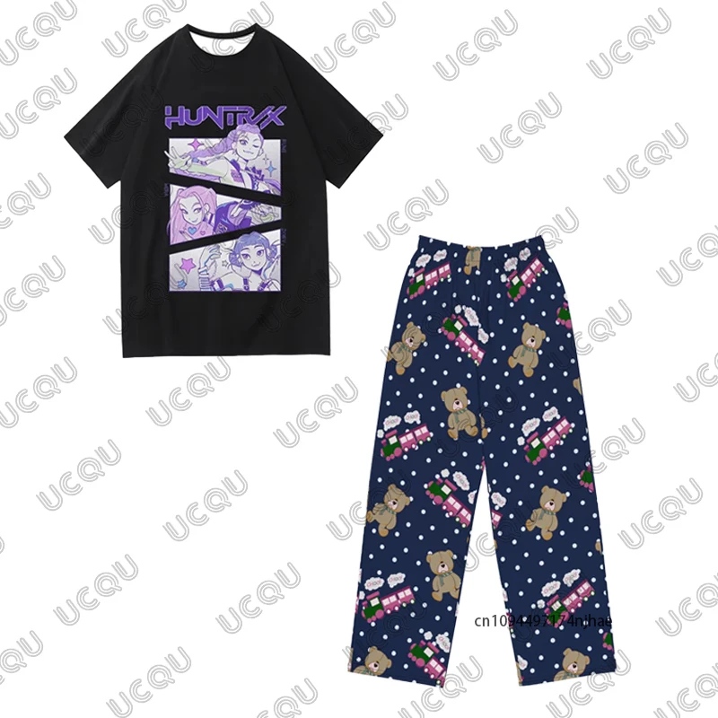 2025 New KPop Demon Hunters Huntrix Print Women's Tracksuit T Shirt+Pajamas Pants Set Casual Couples Suit 2 Piece Outfits