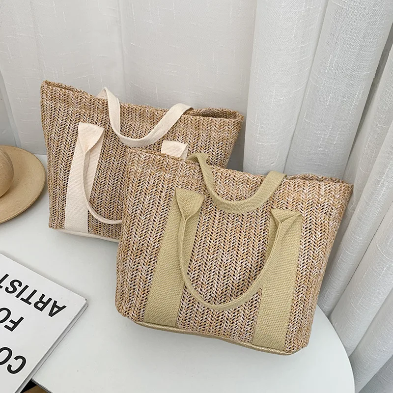 Summer Trend Straw Bags New Popular Hit Color Handbags for Women 2023 Designer Luxury Zipper Color Matching Tote Bag