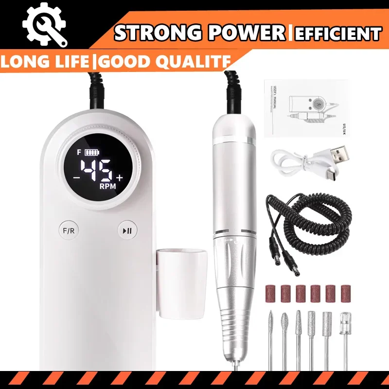 

Дрель для ногтей 45000 об/мин, профессиональная перезаряжаемая электрическая пилочка для ногтей, беспроводная пилочка для ногтей E для акриловых ногтей, инструмент для полировки геля